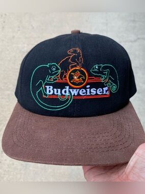 Vintage Budweiser Black Brown Snapback Hat Chameleon Prairie Dog Embroidered 90s